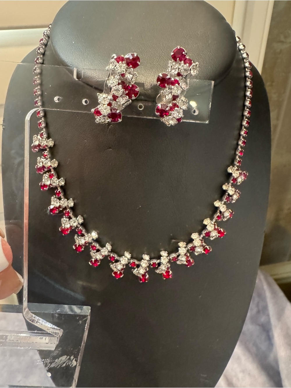 Vintage Silver Tone Red Crystal Necklace and clip Earrings Set
